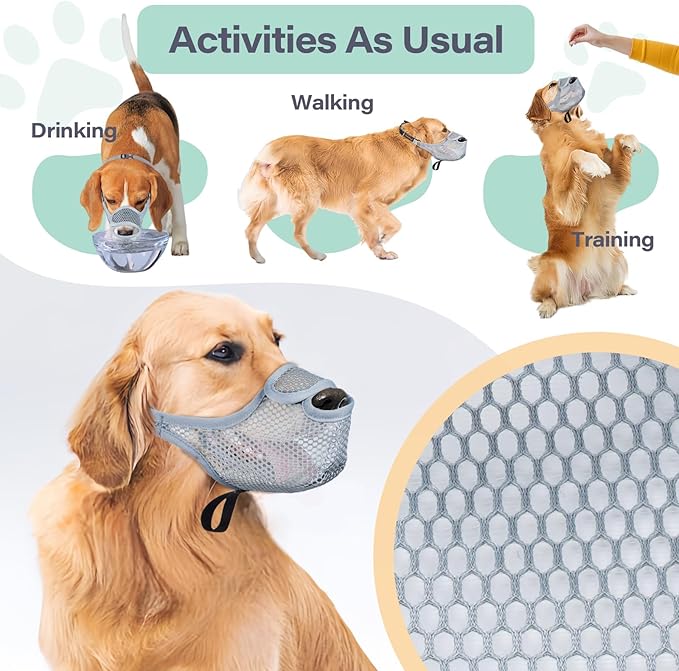 LUCKYPAW Dog Muzzle for Large Medium Small Dogs, Patented Mesh Muzzle to Prevent Biting Chewing Eating, Soft Mouth Guard with Front Opening Design for Drinking Panting (Grey, XS)-Mewly Pet