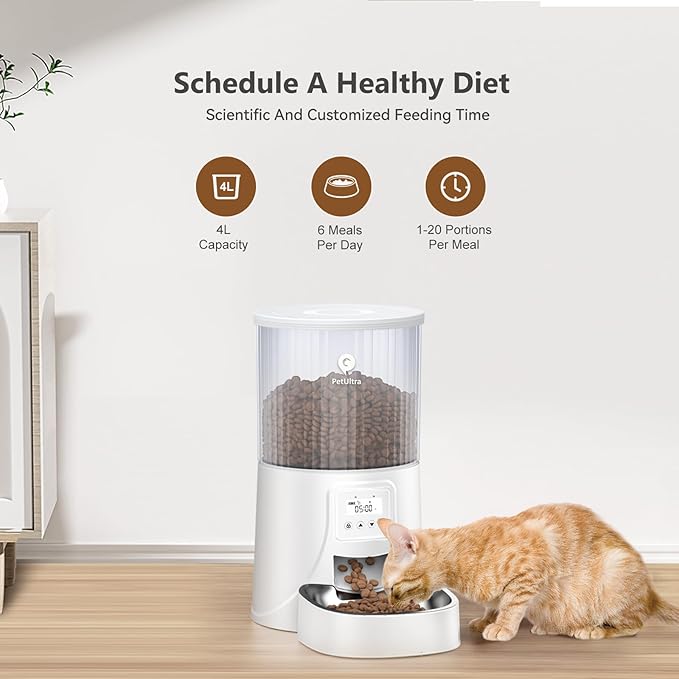 Automatic Cat Feeder: 4L Timed Cats Food Dispenser Programmable 1-6 Meal for Cat and Small Medium Dog- Auto Pet Feeder Dual Power Supply with Stainless Steel& | Detachable Washable White-Mewly Pet