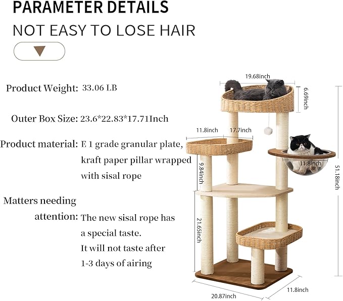 Cat Tree Tower for Indoor Cats, House Condo for Large Cats, Modern Tall Manual Hand Woven With Sisal, Scratching Post, Cute Furniture Activity Centre, Cat Lover Gift-Mewly Pet