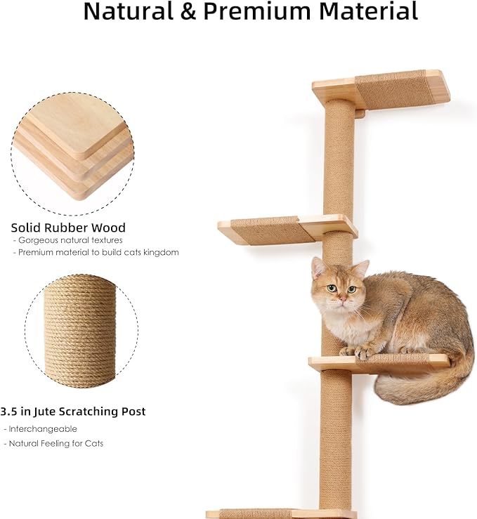 5 Tier Floor to Ceiling Cat Tree Tower with Wall-Mounted Scratching Post, Playful Wall Climbing Shelves for Cats, Ideal for Kittens to Climb, Scratch, and Lookout, Wild Simulation Design-Mewly Pet