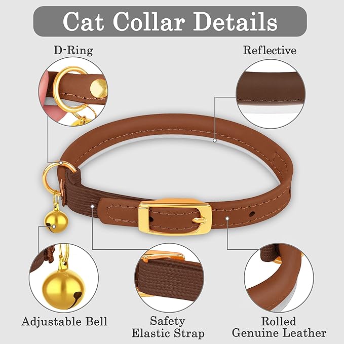 OOPSDOGGY Rolled Leather Cat Collar with Bell - Reflective Kitten Collar with Safety Elastic Strap - Adjustable Small Pet Collars for Boy Girl Cats (Brown)-Mewly Pet