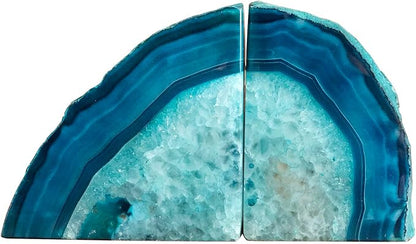 AMOYSTONE Large Agate Geode Bookends Heavy Duty Stone Book Ends Decorative Bookend Holder Home Office Decor with Rubber Bumpers Teal 1 Pair 4-6 LBS