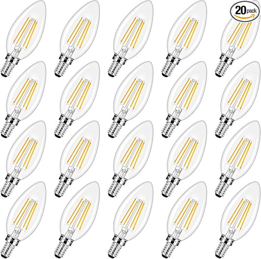 Dimmable E12 LED Candelabra Bulbs 40 Watt Equivalent, 4W Vintage Candle Light Bulbs, 470Lm Warm White 2700K B11 Edison Bulb, Filament Clear Glass Lamp Bulb for Chandelier Ceiling Fan (20 Packs)