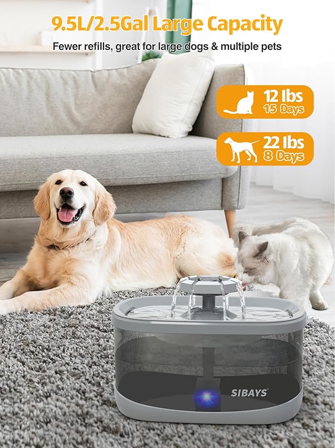 SIBAYS 2.5Gal/9.5L Dog Water Fountain for Large Dogs, 3 Flow Modes Large Pet Water Fountain for Cats, Automatic Dog Water Bowl Dispenser with 7" Filter & Smart LED Pump, Quiet, BPA-Free Material(FS68)-Mewly Pet