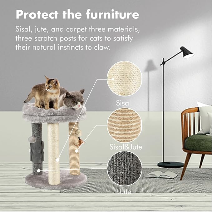 MECOOL 4in1 Small Cat Tree,Scratching Post with Tower Soft Bed, Sisal Carpet Jute Posts with Three Hanging Ball Toys and Massage Brush for Indoor Cats and Kittens-Mewly Pet