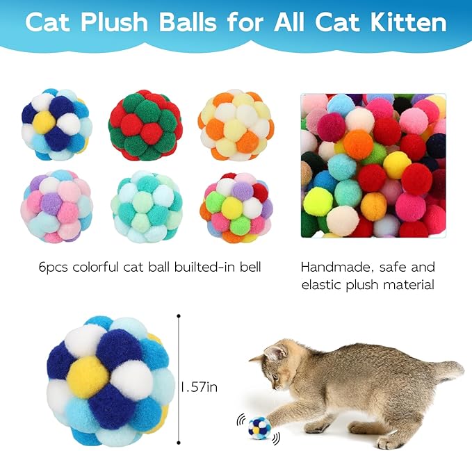 TUSATIY Interactive Cat Ball Toy, 6PCS Fuzzy Kitty Balls with Bells,Cats Pom Pom Balls for Kittens to Keep Busy,Colorful Cat Chew Toys for Indoor Cats-Mewly Pet