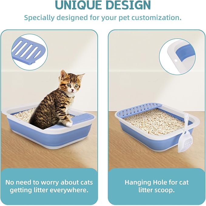 Collapsible Kitten Litter Box, ShineMe Open Top Small Cat Litter Box with Scoop and Litter Bag, Anti-Splash Waterproof Kitty Toilet Potty Pan for Sick Frail Cat 17" x 13.5", Blue-Mewly Pet