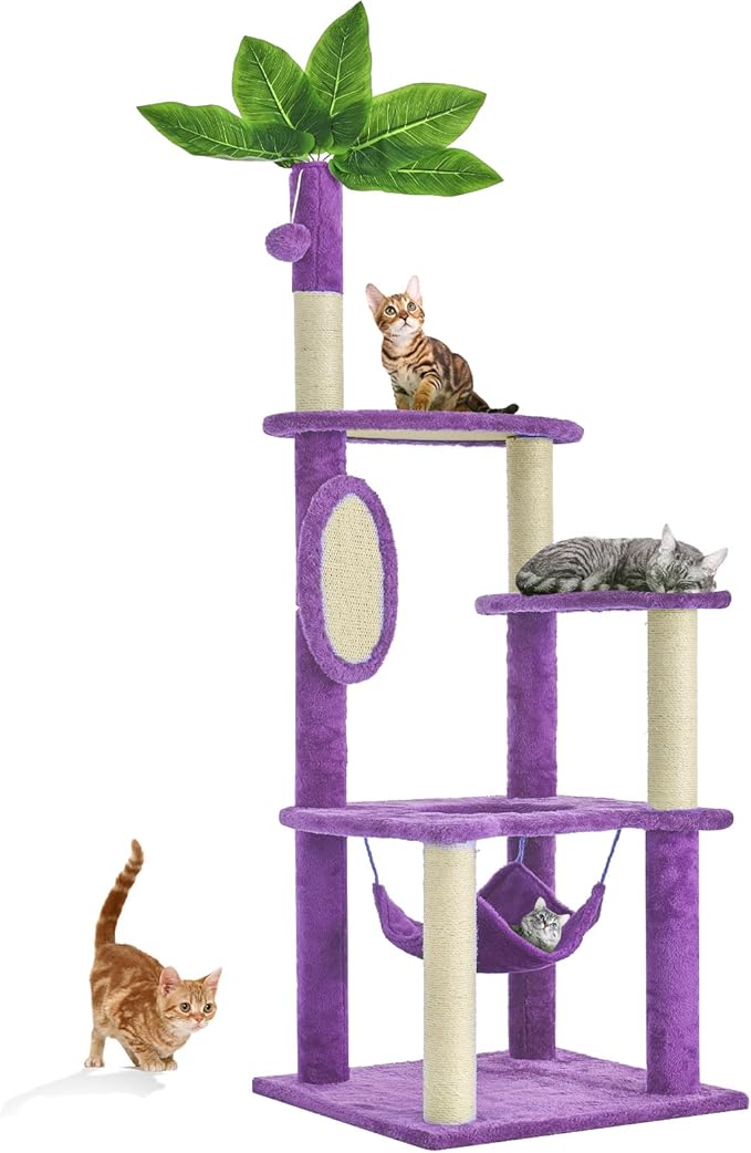 55 Inch Large Cat Tree Tower for Indoor Cats with Hammock Green Leaves Sisal Scratching Post, Plush Hang Ball Play Furniture for Kittens & Adult Cats, New Purple-Mewly Pet