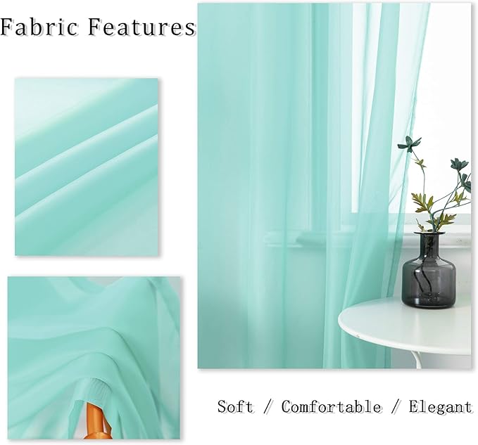 DUALIFE Aqua Sheer Curtain Panels 72 inches Long Grommet Solid Mint Green Soft Touch Semi Window Drapes for Bedroom Living Room(52 X 72 Inch Length 2 Panels Seafoam Green)