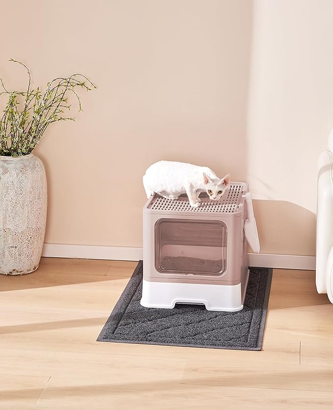 Cat Litter Box with X-Large Litter Mat and Scoop, Large Foldable Litter Box with Lid, Enclosed Kitty Box,Front Top Entry Exit, Odor Control Easy to Clean (Upgrade Coffee)-Mewly Pet