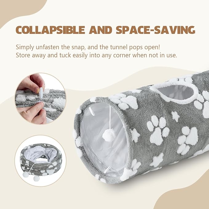 Straight Cat Tunnel for Indoor Cats 47"x12", Cute Cat Toys Collapsible Tunnel Tube with Balls for Puppy Kitten Rabbit, Grey Paw-Mewly Pet