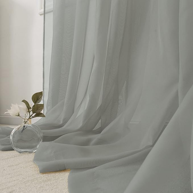 HUTO 2 Pieces Sage Grey Sheer Window Curtains Panels for Bedroom Rod Pocket Window Sheer Curtains Drapes 52 by 72 Inches Long for Living Room