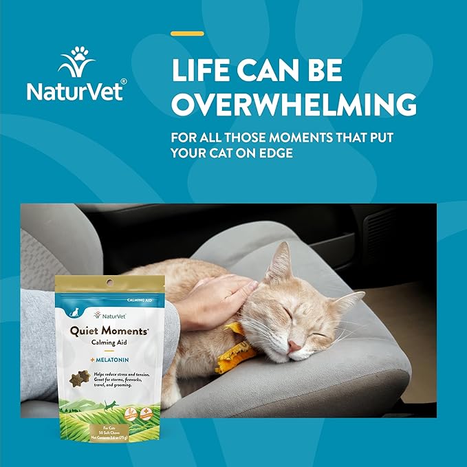 NaturVet Quiet Moments Calming Aid Cat Supplement Plus Melatonin – Helps Reduce Stress in Cats – for Pet Storm Anxiety, Motion Sickness, Grooming, Separation, Travel – 50 Ct. Soft Chews-Mewly Pet
