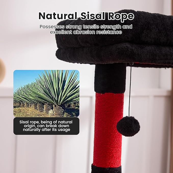Gardner Pet 65in Heavy Duty Cat Tree Tower for Large Cats, Multi-Level Cat Furniture with Replaceable Sisal Scratching Post, Hammock | Extra-Large Platform & Condo (Black Red, Basic φ:2.84")-Mewly Pet