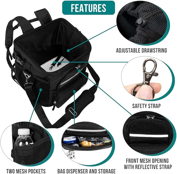 PetAmi Dog Bike Basket, Soft-Sided Ventilated Dog Bike Carrier Backpack, Pet Bicycle Basket for Bike Handlebar, Small Medium Puppy Cat Kitten Car Booster Seat with Safety Strap, Max 18 lbs, Black-Mewly Pet