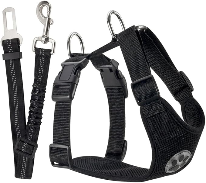 SlowTon Dog Seat Belt Harness for Car, Dog Car Harness Adjustable Mesh Breathable & Dog Seatbelt Safety Tether with Elastic Bungee for Small Medium Large Pets(Black, Single Clip, XS)-Mewly Pet