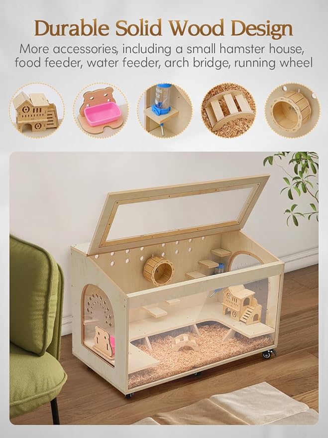Hamster Cage Large 32 inch Guinea Pig Cages Hamster Cages Enclosure and Habitats Mice Rat Cage with Platform Openable Top Acrylic Sheets Wooden Chewproof Small Animal Cage for Hedgehog Mouse Gerbil-Mewly Pet