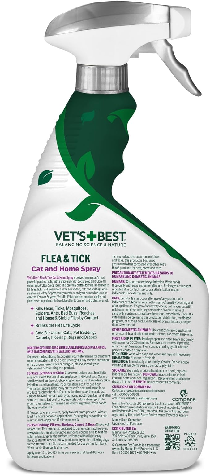 Vet’s Best Flea & Tick Home Spray for Cats – Plant-Based Flea and Tick Treatment with Cotton Spice Scent – Gentle Flea Mist for Indoor Use – Made in USA Natural Cat Flea Control – 32 oz-Mewly Pet