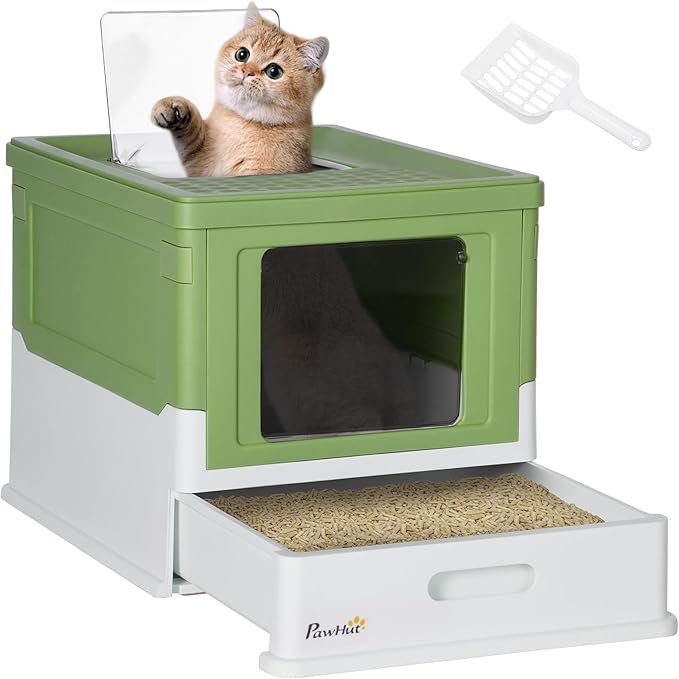 PawHut Fully Enclosed Cat Litter Box with Scoop, Hooded Cat Litter House with Drawer Type Tray, Foldable Smell Proof Potty with Front Entry, Top Exit, Large Space, Yellowish Green-Mewly Pet