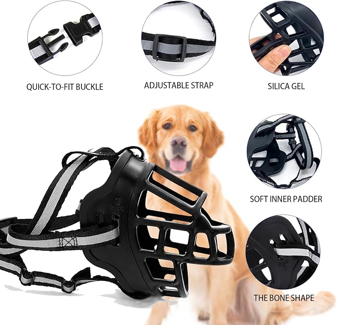 Dog Muzzle, Breathable Basket Muzzles for Small Medium Large Sized Dogs, Adjustable Humane Cage Mouth Cover for Scavenging Grooming Biting Chewing, Allows Panting and Drinking(Soft Rubber, XL)-Mewly Pet