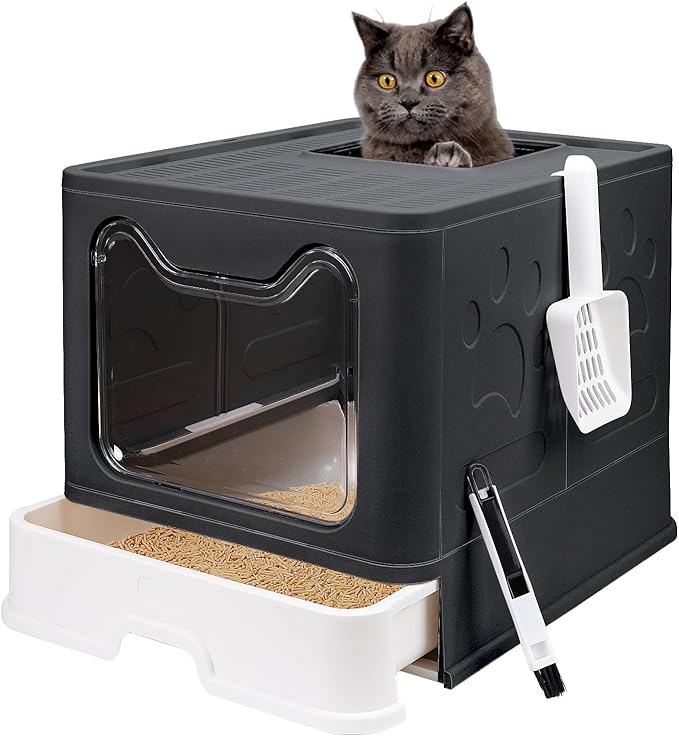 Foldable Cat Litter Box with Lid, Enclosed Potty, Large Top Entry Anti-Splashing Toilet, Easy to Clean Including Litter Scoop and 2-in-1 Cleaning Brush (Black)-Mewly Pet
