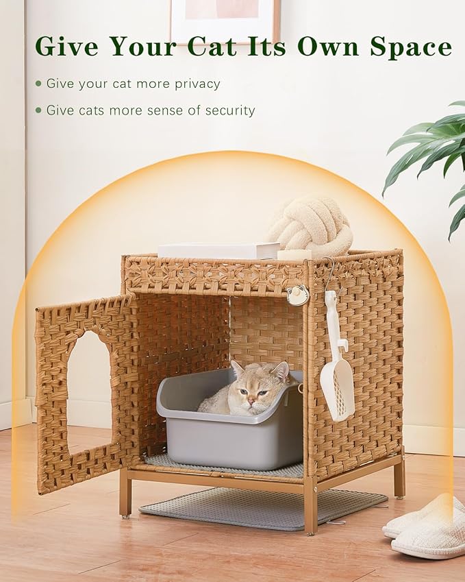 Cat Litter Box Enclosure Hidden Litter Box Furniture with Metal Heightened Feet, Rattan Handwoven Cat House with Litter Mat, Hidden Litter Box Furniture for Bedroom Living Room Natural-Mewly Pet