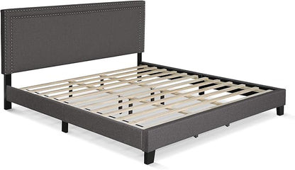 Furinno Laval Double Row Nail Head Upholstered Platform Bed Frame, King, Stone