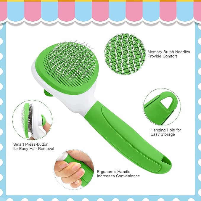 Cat Brushes for Indoor Cats, Dog Brush for Shedding with Metal Cat Comb, Self Cleaning Pet Hair Brush with Release Button for Grooming Kitten(Green)-Mewly Pet