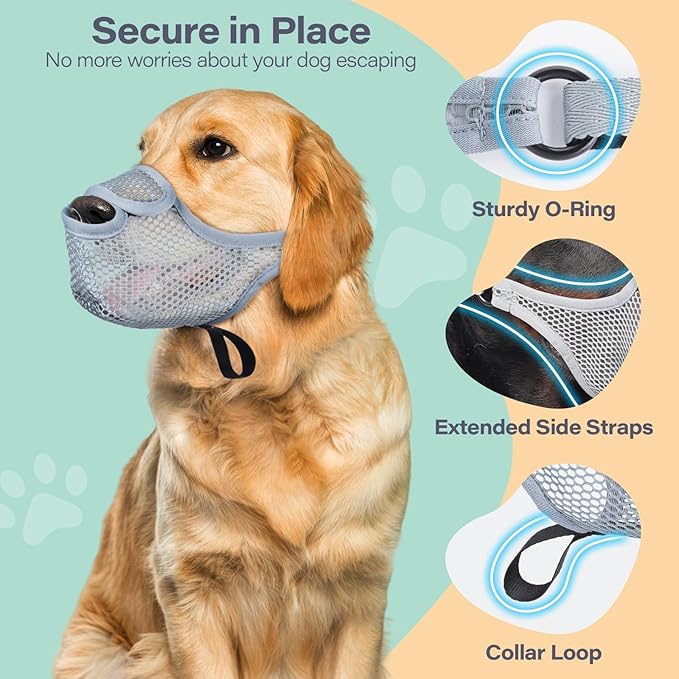 LUCKYPAW Dog Muzzle for Large Medium Small Dogs, Patented Mesh Muzzle to Prevent Biting Chewing Eating, Soft Mouth Guard with Front Opening Design for Drinking Panting (Grey, XS)-Mewly Pet