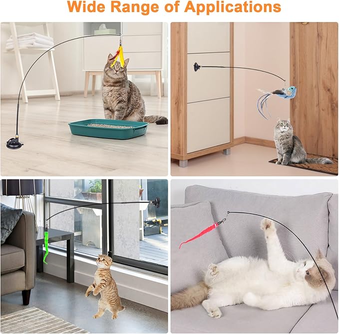 Cat Feather Toys, 10PCS Toys with Super Suction Cup, 2PCS Detachable Wand & 6PCS Replacement Teaser Refills, Interactive Indoor Cat Play-Mewly Pet
