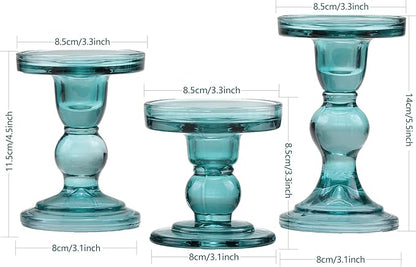 GMWD 3 Pcs Glass Candle Holder Set Clear, Green Candlesticks Holders Pillar Taper Candles Tealight Stand for Wedding Centerpieces Home Decorations Dining Table