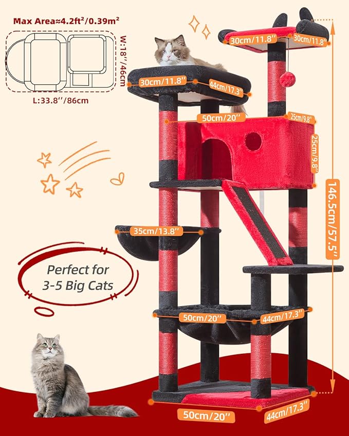Taoqimiao Gothic Cat Tree 57.5-Inch, Cat Tower for Indoor Cats Large Adult, Extra Large Cat Condo, 8 Sisal Scratching Posts, Metal Frame Cozy Hammock, Durable Scratch Board, 2 Top Perches, MS026BR-Mewly Pet
