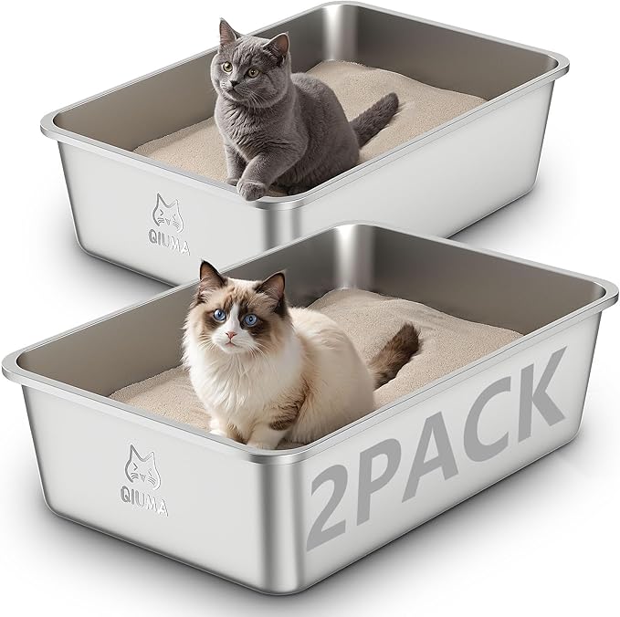 2 Pack Stainless Steel Cat Litter Box, 23.4" L×15.6" W×7.8" H, Metal Kitty Litter Box with High Sided for Big Cats, Non-Stick, Easy to Clean, Odor-Free-Mewly Pet