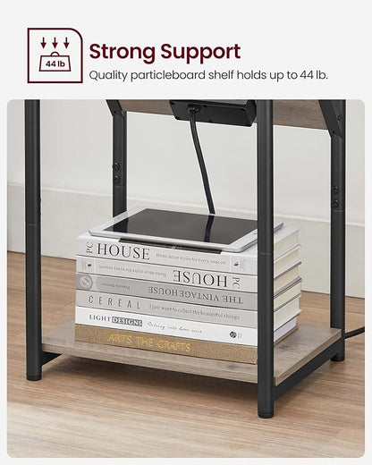 VASAGLE End Table with Charging Station, Small Side Table for Living Room, Bedroom, Nightstand with Outlets and USB Ports, Bedside Table with Storage Shelf, Heather Greige and Black