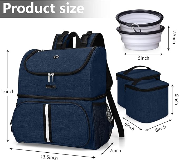 BAGLHER Pet Travel Bag, Double-Layer Pet Supplies Backpack (for All Pet Travel Supplies), Pet Travel Backpack with 2 Silicone Collapsible Bowls and 2 Food Baskets Dark Blue-Mewly Pet