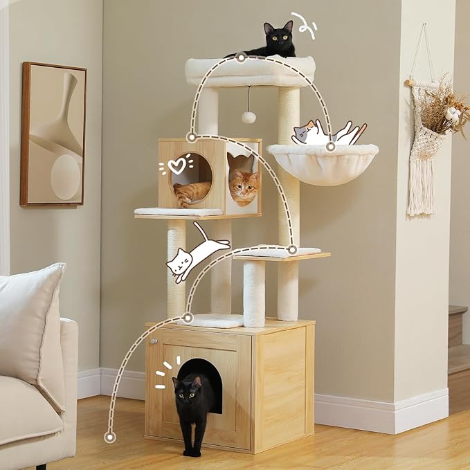 PEQULTI 57.5" Cat Tree with Litter Box Enclosure Large, Wood Cat Tower for Indoor Cats with Storage Cabinet and Cozy Cat Condo, Sisal Covered Scratching Post and Repalcable Dangling Balls, Beige-Mewly Pet