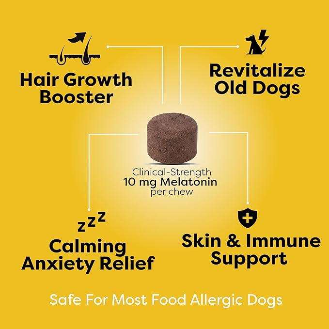 Doc Itchy Rejuvenating Hair-Grower Dog Pet Chews | 10mg Melatonin for Dogs | Hair Growth Booster | Senior Dog Energizer | Calming | Medical-Strength | Food Allergy Safe | Vegan | 90 Count-Mewly Pet