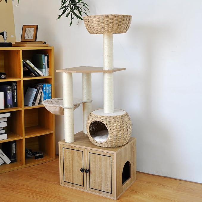 56.7" Tall Rattan Cat Tree for Indoor Cats, Multi-Level Wooden Cat Tower with Scratching Posts, Large Cat Climbing Furniture with Perches-Mewly Pet