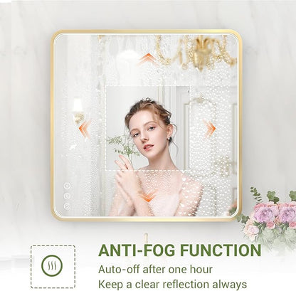LED Bathroom Mirror with Lights, 32x32 Inch Gold Metal Framed LED Mirror for Bathroom, 3 Colors and Stepless Dimmable Wall Mounted Lighted Bathroom Vanity Mirror, Anti-Fog, Memory