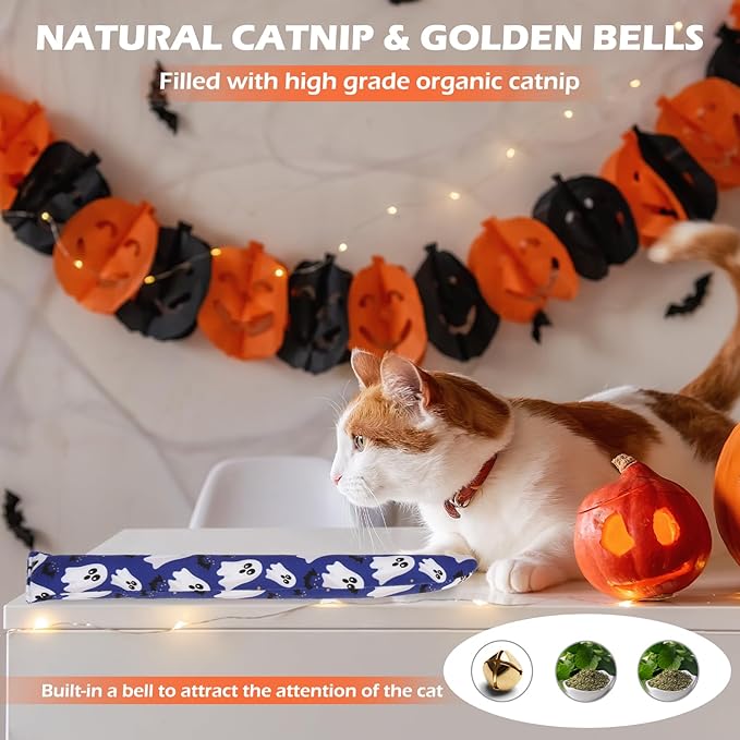 EXPAWLORER Halloween Cat Toys, 4 pcs Soft Pillow Catnip Toys with Bells Inside, Interactive Bite Resistant Fish Shape Kicker Toys for Indoor Kitten Playing-Mewly Pet