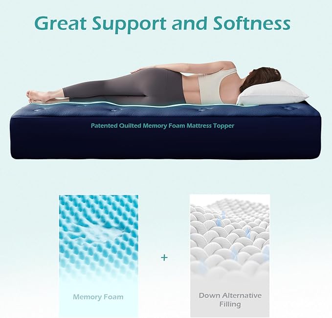 Hansleep Twin Mattress Topper Viscose Derived from Bamboo, Memory Foam Pillow Top Mattress Topper Twin with Deep Pocket, Breathable Mattress Pad for Back Pain Relief, 39" x 75", Navy Blue