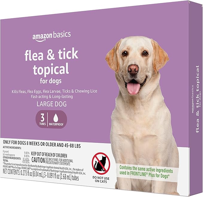 Amazon Basics Flea and Tick Topical Treatment for Large Dogs (45-88 pounds), 3 Count (Previously Solimo)-Mewly Pet
