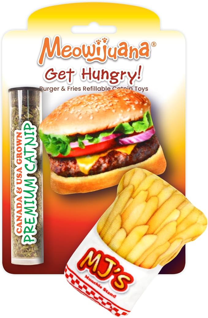 Meowijuana Refillable Cat Toys | Get Hungry - Burger and Fries Catnip Toys | Includes Potent Hand Harvested Catnip Grown in North America | Promotes Play and Cat Health-Mewly Pet