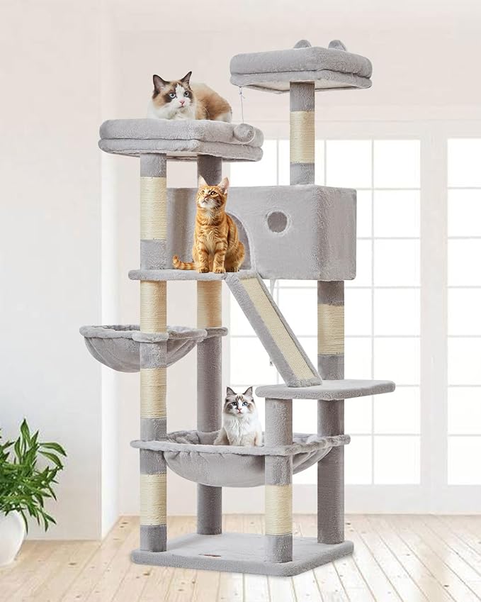 Taoqimiao Cat Tree 57.5-Inch, Cat Tower for Indoor Cats Large Adult, Extra Large Cat Condo, 8 Sisal Scratching Posts, Metal Frame Cozy Hammock, Durable Scratch Board, 2 Top Perches, Light Gray MS026W-Mewly Pet