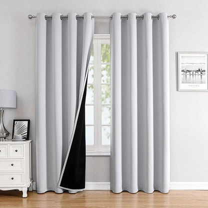 ChrisDowa 100% Blackout Curtains 90 inch Long for Bedroom with Black Liner, 2 Thick Layers Total Blackout Thermal Insulated Grommet Long Window Curtains 2 Panels Set (Greyish White, 52 x 90 Inch)