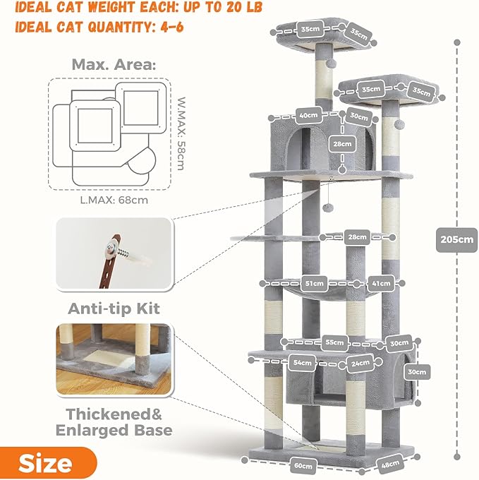 PAWZ Road Heavy Duty Cat Tree for Large Cats, 81 Inches Tall Cat Tower with 2 Perches, 2 Condos and Spacious Hammock, XL Extra Large Condo with 7 Scratching Posts for 20lb+ Adult Cats,Gray-Mewly Pet
