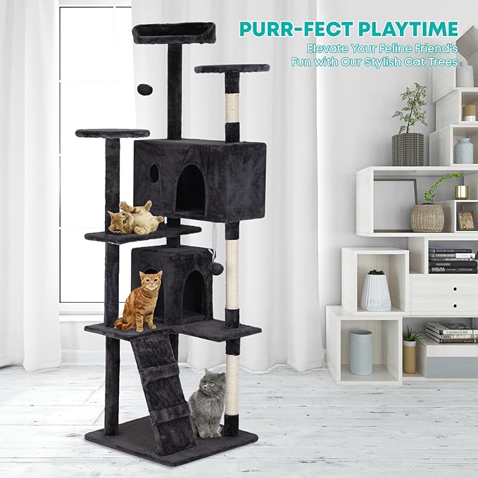 FDW Cat Tree 70in Cat Tower Multi-Level Durable Cat Scratching Post & Cozy Fun Cat Jumping Platform Space Saving Cat Condo Pet Play House for Indoor Cats,Dark Gray-Mewly Pet