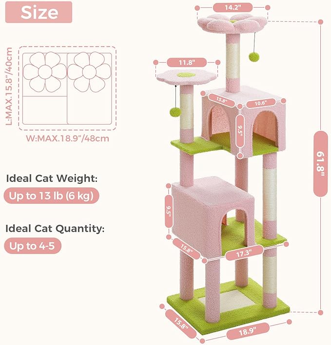 Flower Cat Tree, 62-Inch Large Cat Tower for Multi-Cat Households w/Scratching Posts, Multi-Level Cat Condo w/Cozy Top Perch & Scratching Pad, Padded Platform, 2 Pompoms, Pink-Mewly Pet