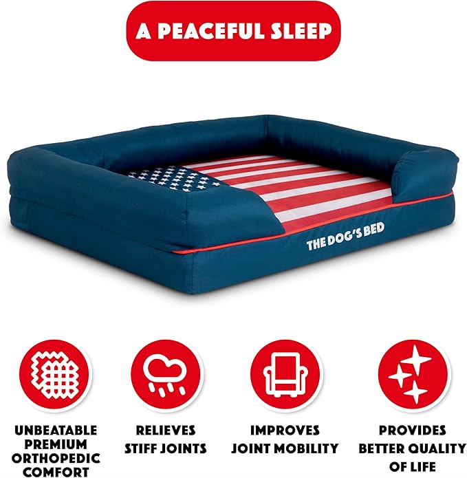 The Dog’s Bed, Medium Blue Oxford with Red Trim USA Flag Dog Bed with Central Flag 30x23.5, Memory Foam, Pain Relief, Post Surgery, Waterproof Washable Cover Cover, Veterinary Approved-Mewly Pet