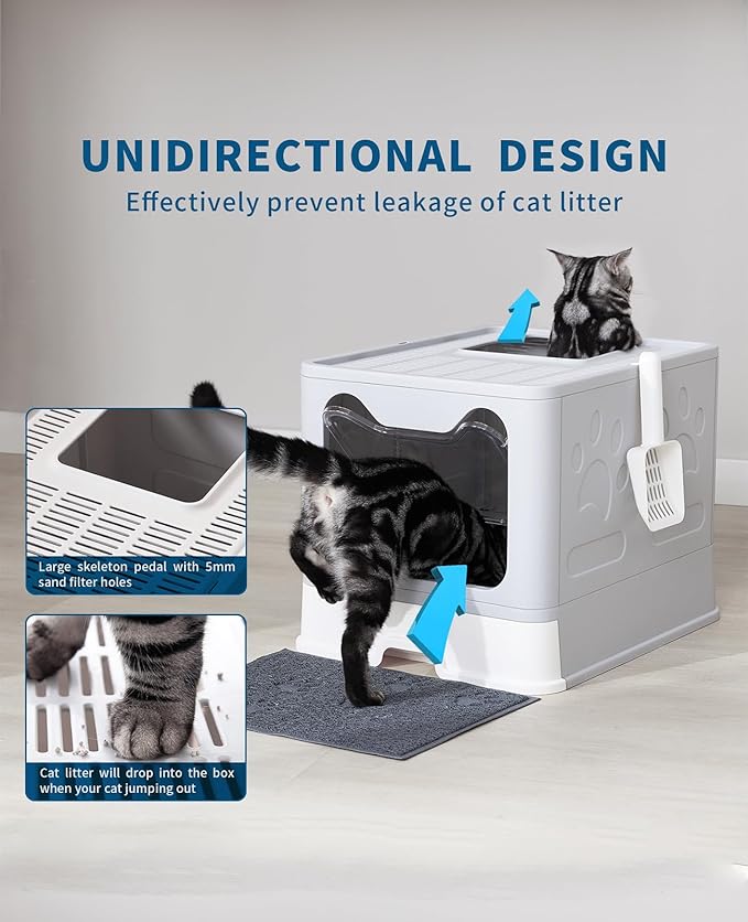 Cat Litter Box with Litter Mat and Scoop, Large Foldable Litter Box with Lid, Front Entry Top Exit Kitty Box, Odor Control, Easy to Clean (Grey)-Mewly Pet